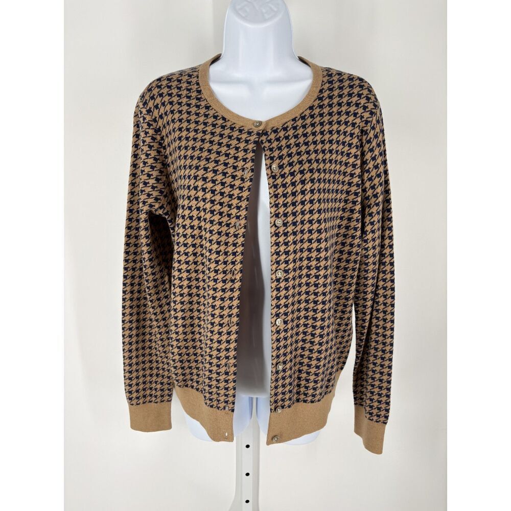 Lands' End Houndstooth Cardigan Sweater | Tan & Navy Button Front Knit Cardigan